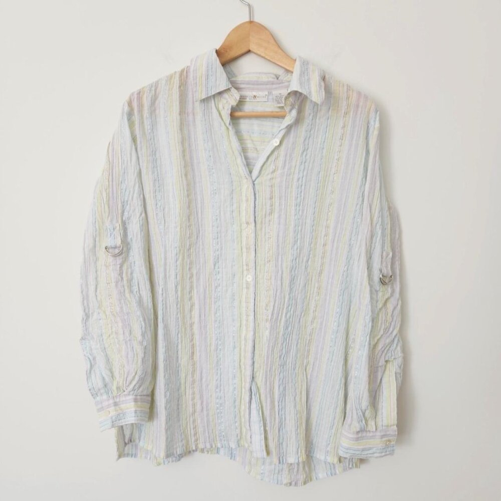 Y2K Pastel Crinkle Striped Button Down Shirt Plus Size 1X Coastal Western Retro